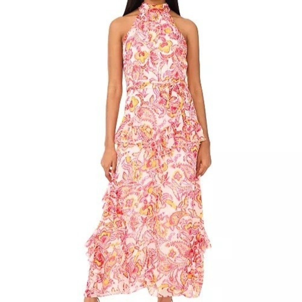 CeCe Printed Sleeveless Tiered Ruffle Trim Magenta Long Dress Womens Size 12 NWT
